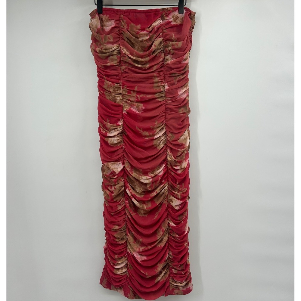 BHLDN Anthropologie Let Me Be Ruched Mesh Midi Dress Red Floral Strapless S